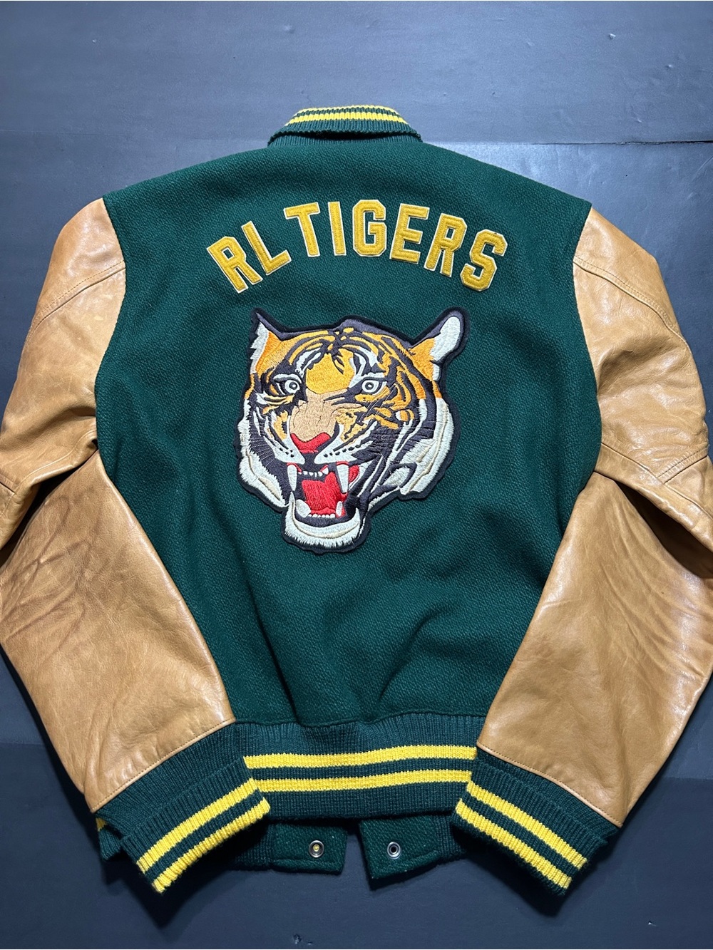 M Polo Ralph Lauren Mens Tiger Leather Wool Leather Letterman Varsity Jacket
